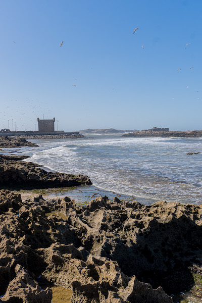 Blick auf den Verteidigungsturm am Hafen von Essaouira